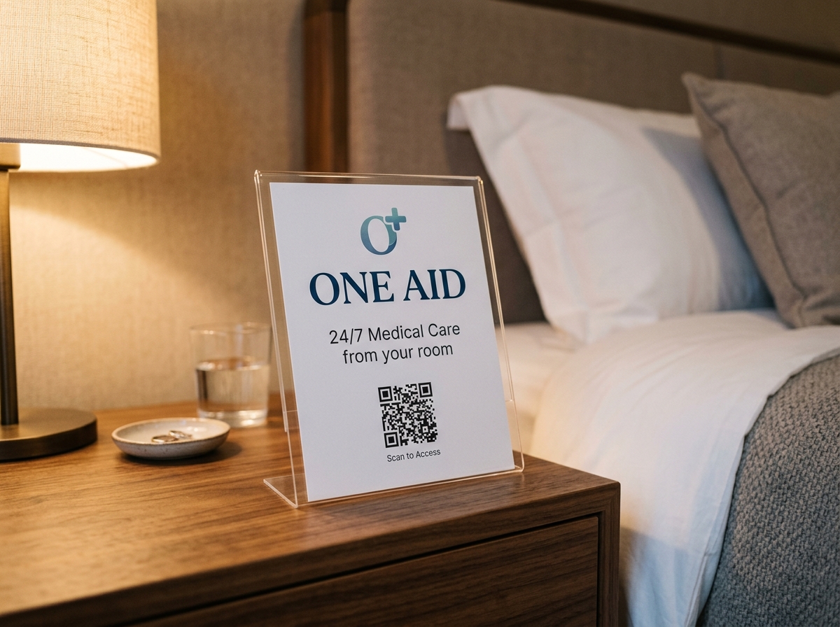 Stand acrílico de ONE AID con código QR en mesa de noche de habitación de hotel